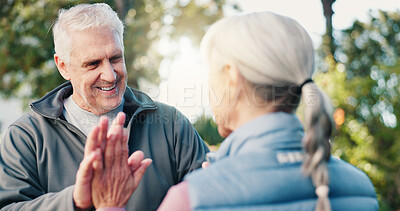 Buy stock photo Fitness, high five and smile of old couple outdoor together for training goals, success or target. Celebration, flare and motivation with happy seniors in park for exercise achievement or milestone