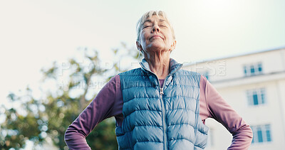 Buy stock photo Breathing, meditation and old woman outdoor for health, wellbeing and mindfulness for peace. Retirement, fresh air and person at backyard for self care, wellness benefits and calm with eyes closed