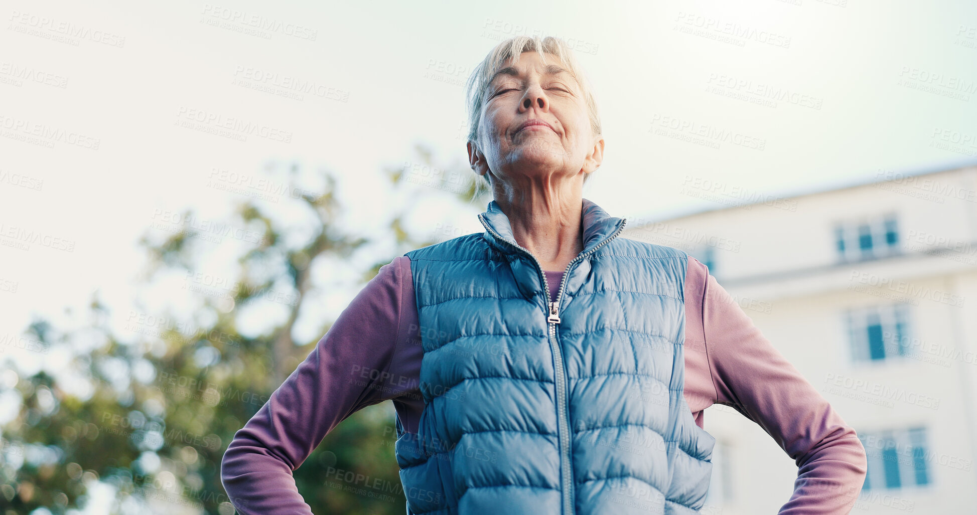 Buy stock photo Breathing, meditation and old woman outdoor for health, wellbeing and mindfulness for peace. Retirement, fresh air and person at backyard for self care, wellness benefits and calm with eyes closed
