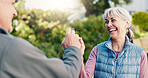 Fitness, high five and laugh with old couple outdoor together for training goals, success or target. Celebration, flare and funny with excited seniors in park for exercise achievement or milestone