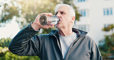 Buy stock photo Fitness, drink and senior man in city for rest, workout recovery and hydration with bottle. Exercise break, active retirement and person with water for health, beverage and thirsty with runner