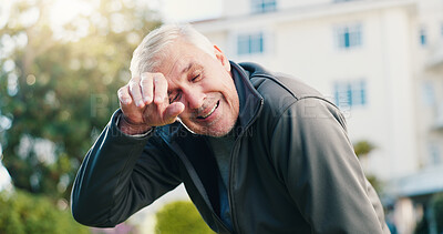 Buy stock photo Exercise, tired and senior man in city for rest, workout recovery and wipe sweat with wellness. Fitness break, active retirement and person with runner for health, exhausted or cool down with fatigue