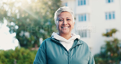 Buy stock photo Fitness, portrait or senior woman in backyard with smile, active aging or pride in workout hobby. Happy, bokeh or elderly person with confidence, keeping fit or positive attitude in outdoor activity.