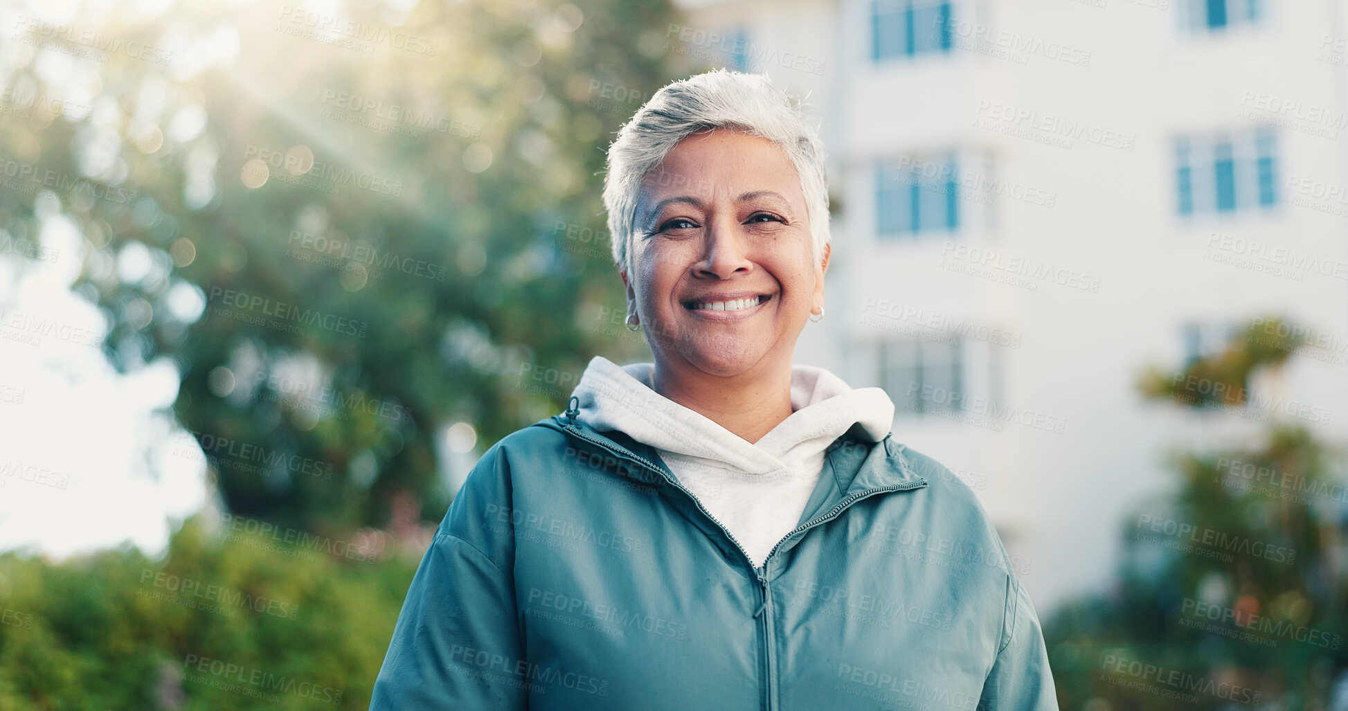 Buy stock photo Fitness, portrait or senior woman in backyard with smile, active aging or pride in workout hobby. Happy, bokeh or elderly person with confidence, keeping fit or positive attitude in outdoor activity.