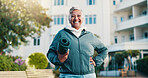 Fitness, portrait and old woman outdoor with mat, active aging and pride in workout hobby. Happy, training and senior person with wellness equipment, keeping fit and confidence in backyard activity.