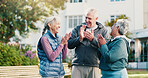 Happy, applause and old people outdoor with fitness, exercise goals and encouragement for wellness. Senior friends, smile and clap in retirement home garden with workout motivation, support or unity.