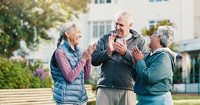Buy stock photo Happy, applause and old people outdoor with fitness, exercise goals and encouragement for wellness. Senior friends, smile and clap in retirement home garden with workout motivation, support or unity.
