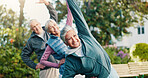 Stretching, friends and senior people in park for fitness, body mobility and outdoor for wellness. Happy, elderly group and warm up together for training, exercise or retirement health in nature