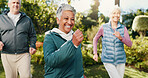 Happy, friends and senior people in park for fitness, body mobility and outdoor workout for wellness. Smile, elderly group and warm up together for training, exercise or retirement health in nature