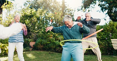 Buy stock photo Smile, elderly people and hoop in park for fitness, body mobility and outdoor for wellness. Happy, senior group and plastic ring toy for core training, warm up exercise or retirement health in nature