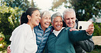 Fitness, instructor or old people in backyard with selfie, active aging or connection in wellness hobby. Happy, coach or senior group with digital memory, keeping fit or bonding post for social media