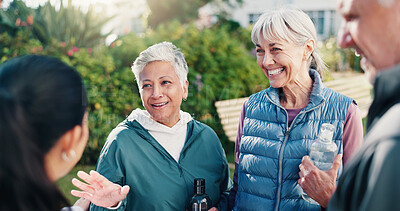 Buy stock photo Senior, people and conversation outdoor with personal trainer, questions and advice for wellness. Happy, old friends and fitness coach by retirement home with garden, discussion or tips for vitality.