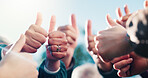 People, hands and thumbs up outdoor with solidarity, collaboration or community motivation for goals. Team, support and like emoji with encouragement for group achievement, success and cooperation.
