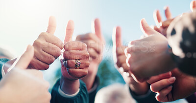 Buy stock photo People, hands and thumbs up outdoor with solidarity, collaboration or community motivation for goals. Team, support and like emoji with encouragement for group achievement, success and cooperation.