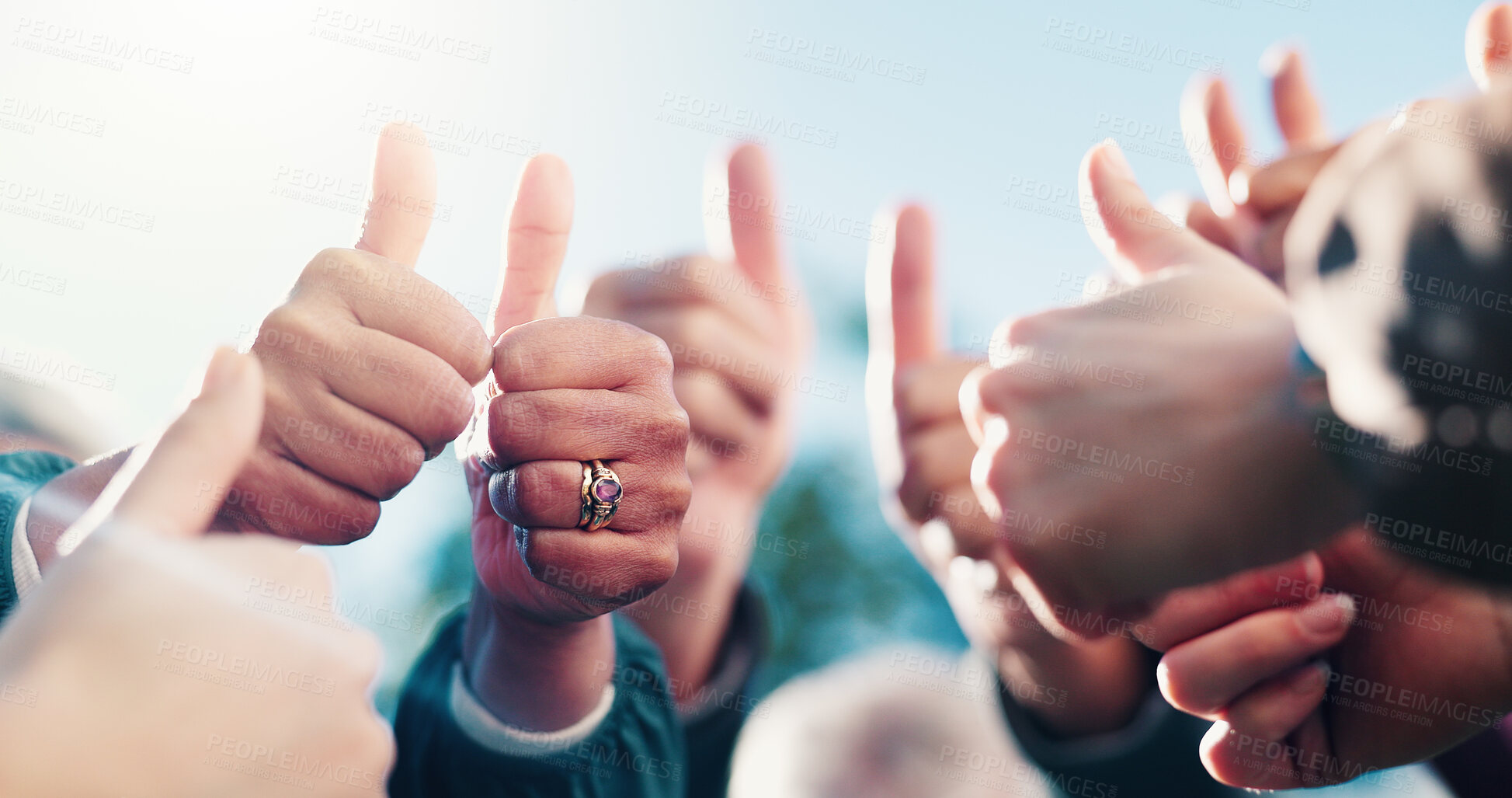 Buy stock photo People, hands and thumbs up outdoor with solidarity, collaboration or community motivation for goals. Team, support and like emoji with encouragement for group achievement, success and cooperation.