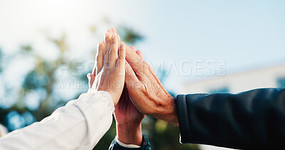 Buy stock photo People, hands and high five outdoor with support, collaboration and group encouragement for goals. Team, cooperation and friends together with motivation for achievement, solidarity or accomplishment
