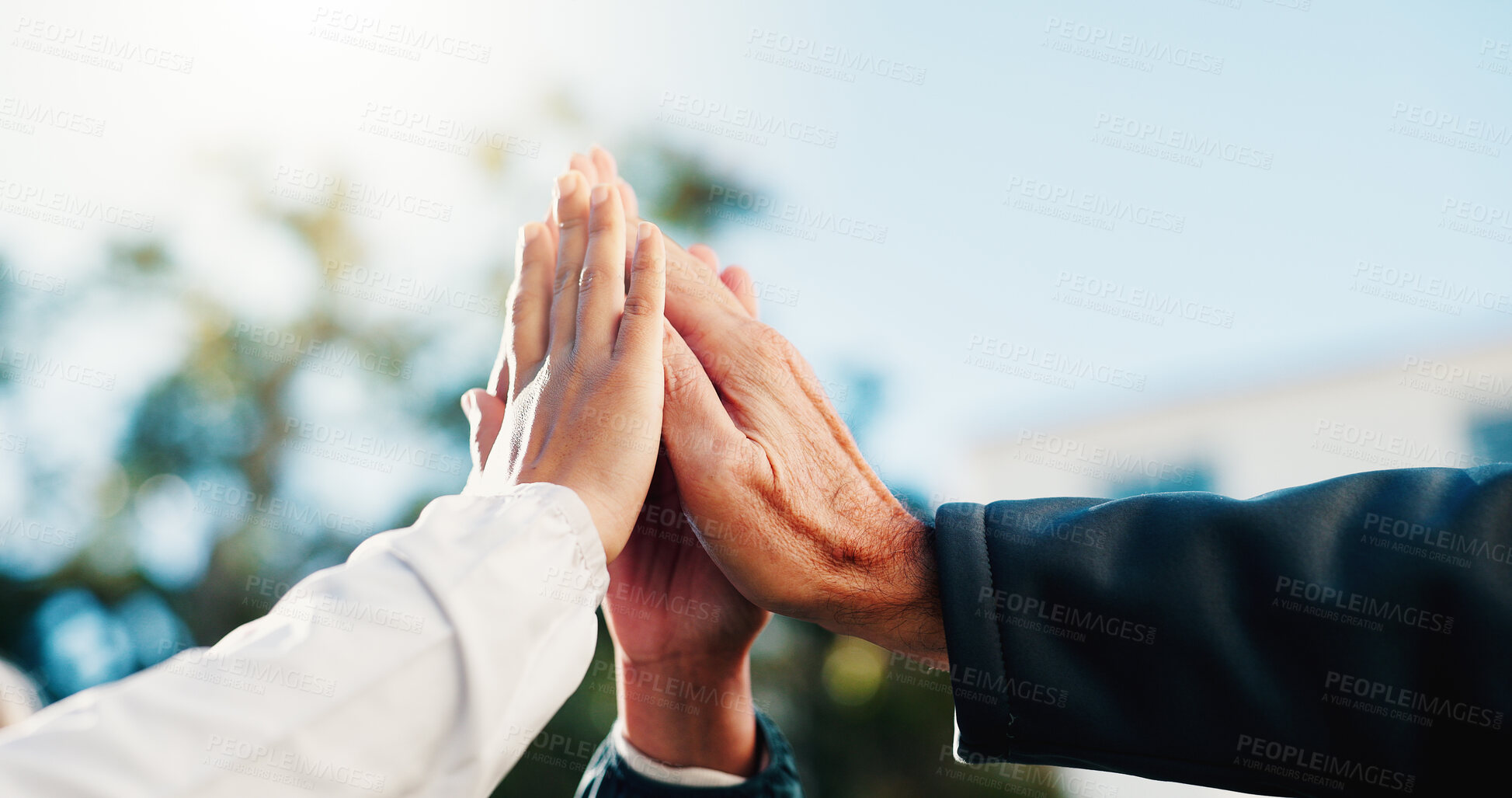 Buy stock photo People, hands and high five outdoor with support, collaboration and group encouragement for goals. Team, cooperation and friends together with motivation for achievement, solidarity or accomplishment