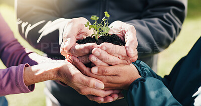 Buy stock photo Sustainable, team and hands outdoor with plant, ethics and conservation in esg accountability. Collaboration, growth and man with leaf, environmental awareness and responsibility in green practice.
