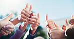 People, hands and thumbs up outdoor with collaboration, solidarity or community motivation for goals. Team, support and like emoji with encouragement for group achievement, success and cooperation.