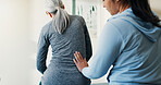 Physio, checkup and old woman at clinic with back pain, assessment and recovery from injury. Physiotherapist, massage or senior person in office for physiotherapy, spine evaluation and rehabilitation