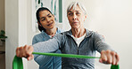 Fitness, rehabilitation and resistance band with people in session together for exercise or healing. Breathing, physiotherapy and recovery of old woman with professional chiropractor in health clinic