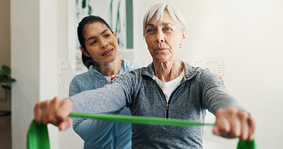 Buy stock photo Fitness, rehabilitation and resistance band with people in session together for exercise or healing. Breathing, physiotherapy and recovery of old woman with professional chiropractor in health clinic