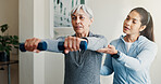 Physio, old woman and stretching in office with dumbbells, assessment and mobility recovery. Physiotherapist, help and senior person at clinic for physical therapy, fitness and muscle rehabilitation