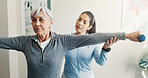 Dumbbells, fitness and rehabilitation with women in session together for exercise or healing. Consulting, physiotherapy and senior person with chiropractor in health clinic for strength training