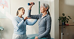 Consulting, rehabilitation and weights with women in session together for exercise or healing. Dumbbell, fitness and physiotherapy of senior person with chiropractor in health clinic for recovery