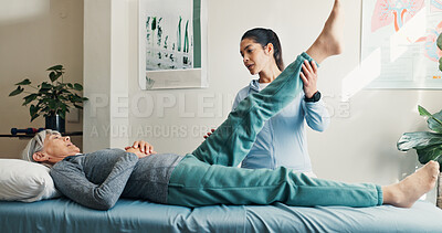 Buy stock photo Physio, checkup and stretching leg with old woman, assessment and recovery from injury. Physiotherapist, helping or senior person at clinic for physiotherapy, orthopedic evaluation and rehabilitation