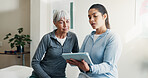 Physiotherapist, talk and old woman in clinic with tablet, research or explain injury rehabilitation. Senior person, healthcare worker and discussion with tech, physical therapy and medical report.