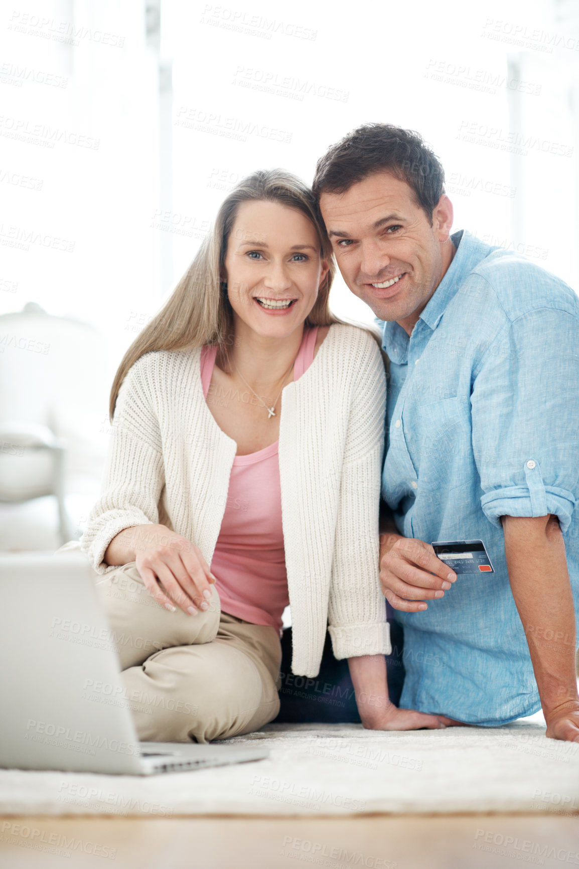 Buy stock photo Happy, portrait and couple on laptop with credit card, web store purchase and online shopping. Home, smile and man with woman on floor with computer, bank info and digital payment for ecommerce sale