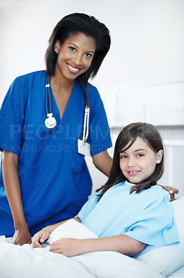 Buy stock photo Health, nurse and child with portrait in hospital bed for medical service, healing support or happy. Healthcare, professional and kid patient in ward for pediatric care, recovery and wellness check