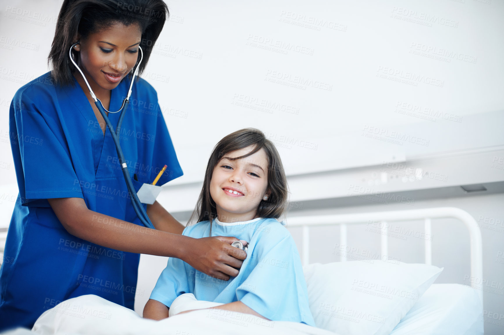 Buy stock photo Healthcare, smile and stethoscope of nurse with child in hospital bed for examination or visit. Chest, pediatrician and portrait of happy girl in clinic for appointment or medical assessment