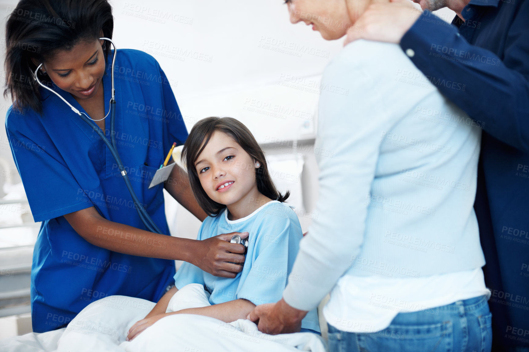 Buy stock photo Stethoscope, consultation and nurse with kid in hospital for cardiology exam in recovery. Healthcare worker, portrait and parents with girl patient for breathing test with medical tool in checkup.