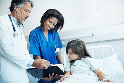 Buy stock photo Hospital bed, doctor and consultation with child, checklist and report for medical recovery. Clipboard, pediatrician or nurse with girl in clinic for healthcare, healing assessment or patient results
