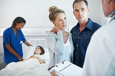 Buy stock photo Clipboard, consulting and pediatrician speaking to parents in hospital for care of daughter. Concern, feedback and news with doctor talking to people in clinic for child healthcare or medical report