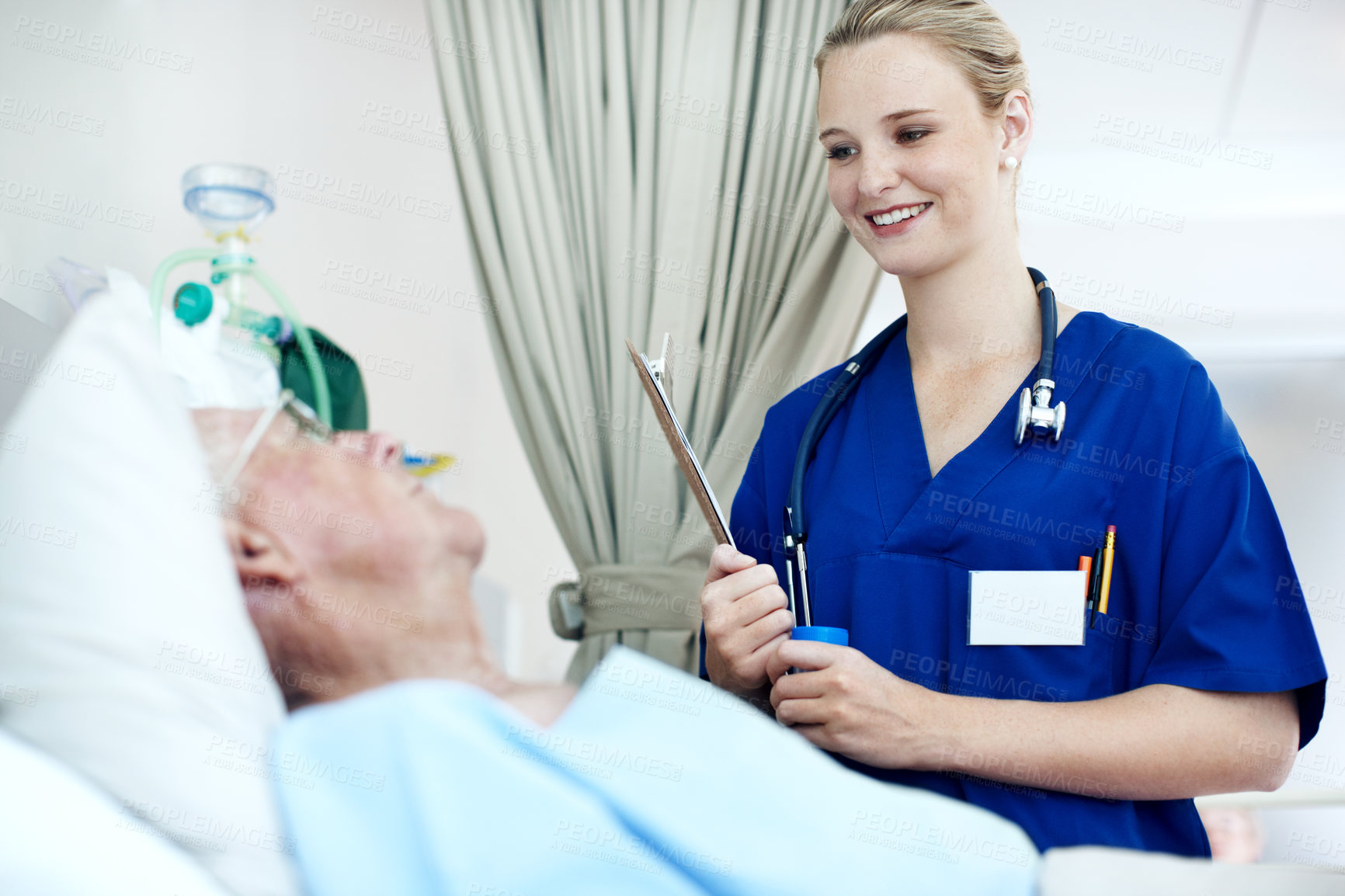 Buy stock photo Smile, clipboard and nurse with old man in hospital bed for medical advice, recovery and exam. Healthcare checklist, support and diagnosis review with senior person in clinic for update and help