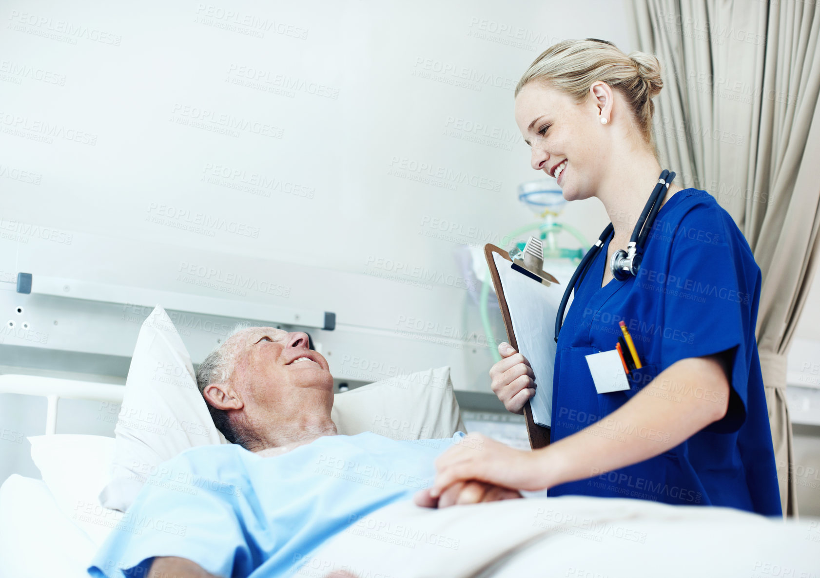 Buy stock photo Holding hands, clipboard and nurse with old man in hospital bed for medical advice, recovery and exam. Healthcare checklist, support and diagnosis review with senior person in clinic for update