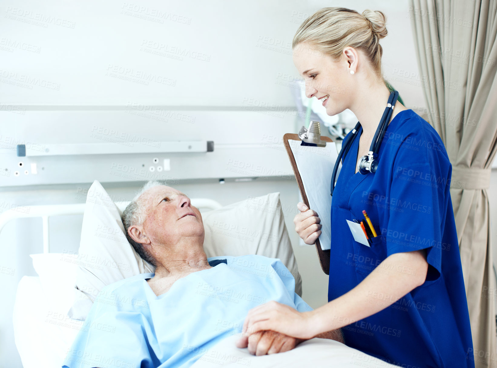 Buy stock photo Talking, clipboard and nurse with senior man for medical check up, wellness report and health exam. Healthcare, happy and woman with patient in hospital bed for healing, surgery recovery or checklist