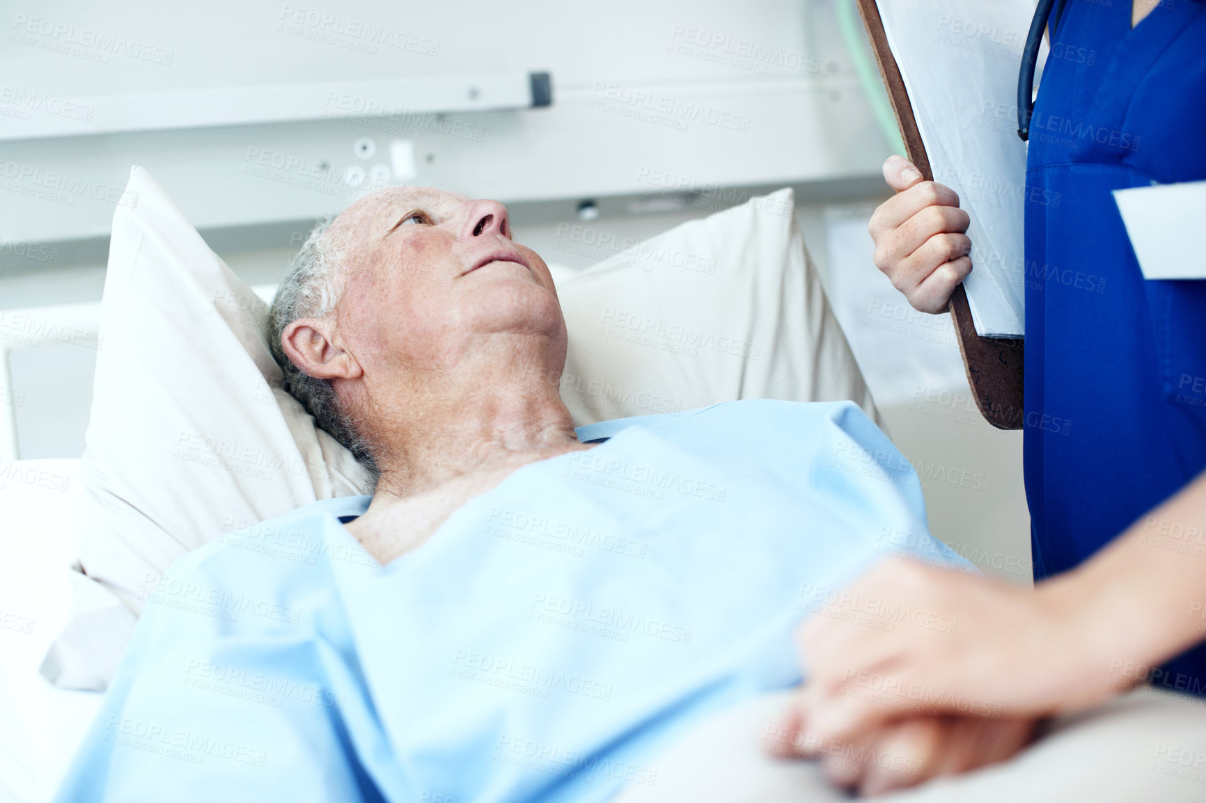 Buy stock photo Sick, nurse or comfort old man in hospital bed for wellness check, surgery support or compassion. Health, worker and holding hands with senior patient in clinic for healing, test results or clipboard