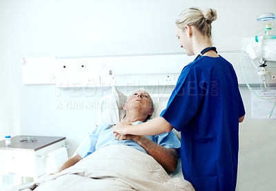 Buy stock photo Sick, nurse or support old man in hospital bed for wellness check, healing assurance or comfort. Health, worker and holding hands with senior patient in clinic for recovery, medical news or diagnosis