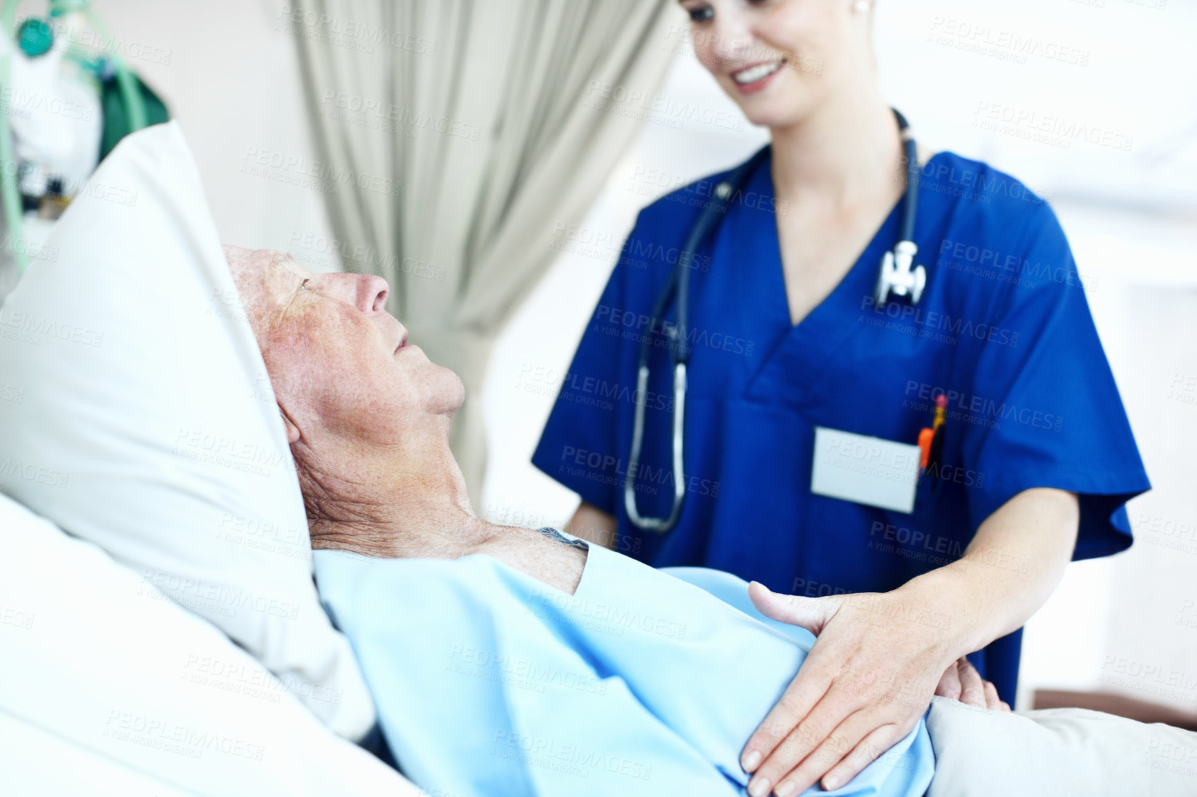 Buy stock photo Medical, nurse and senior man in hospital for checkup, support or rehabilitation with recovery. Rest, consultation and caregiver with elderly patient for healthcare help, discussion or assistance.