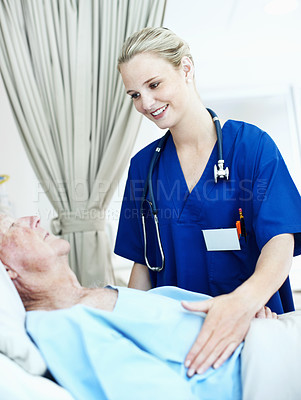 Buy stock photo Healthcare, nurse and senior man in hospital for checkup, support or rehabilitation with recovery. Rest, consultation and caregiver with elderly patient for medical help, discussion or assistance