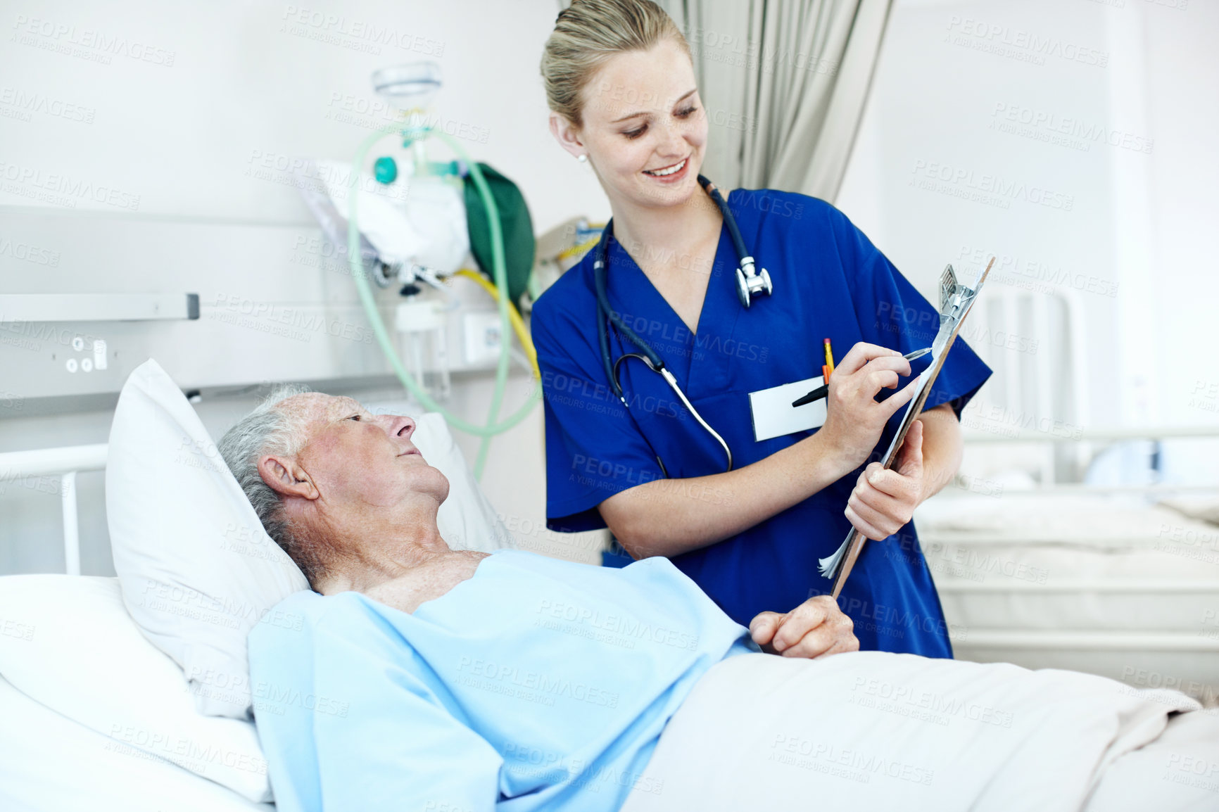 Buy stock photo Clipboard, nurse and senior man in clinic for checkup, support or rehabilitation with recovery. Writing, consultation and caregiver with elderly patient for medical help, discussion or assistance.