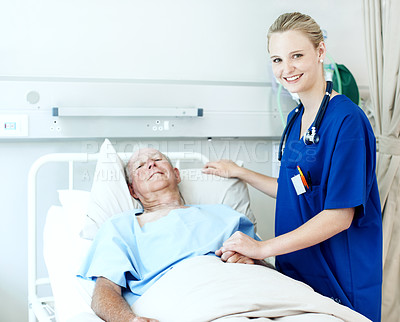 Buy stock photo Portrait, nurse and senior man in hospital for checkup, support or rehabilitation with recovery. Rest, consultation and caregiver with elderly patient for medical help, discussion or assistance.