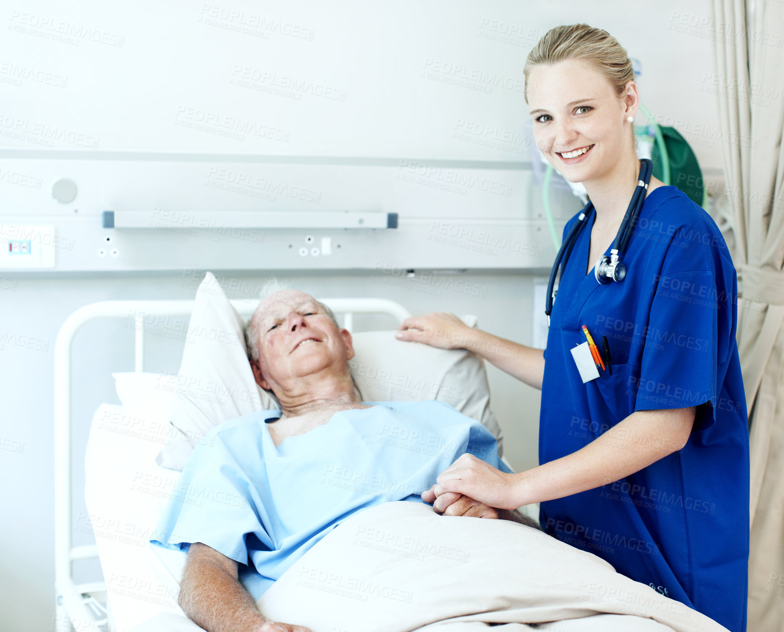 Buy stock photo Portrait, nurse and senior man in hospital for checkup, support or rehabilitation with recovery. Rest, consultation and caregiver with elderly patient for medical help, discussion or assistance.