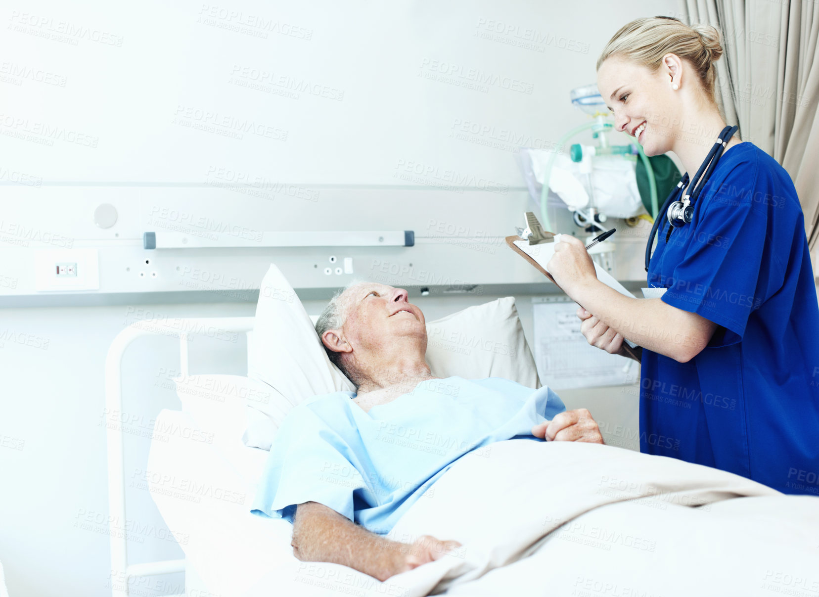 Buy stock photo Clipboard, nurse and senior man in hospital for checkup, support or rehabilitation with recovery. Rest, consultation and caregiver with elderly patient for medical help, discussion or assistance.