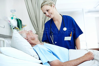 Buy stock photo Consulting, support and nurse with old man in hospital bed for medical advice, recovery progress and exam. Healthcare feedback, help and diagnosis review with senior person in clinic for update