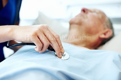 Buy stock photo Stethoscope, hospital and hands of nurse with person for check up, exam and medical service for wellness. Healthcare, listen and woman with senior patient for heartbeat, breathing and consulting